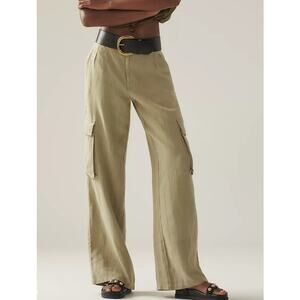 Sanctuary Anthropologie Hopper Straight Leg Cargo Pants Green 100% Linen Sz 26